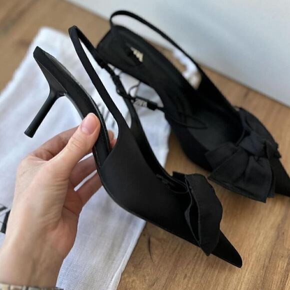 ZARA Black Bow Slingback Heels NWT – Embellished Pointed Toe Pumps, Size 7.5 - Picture 7 of 16